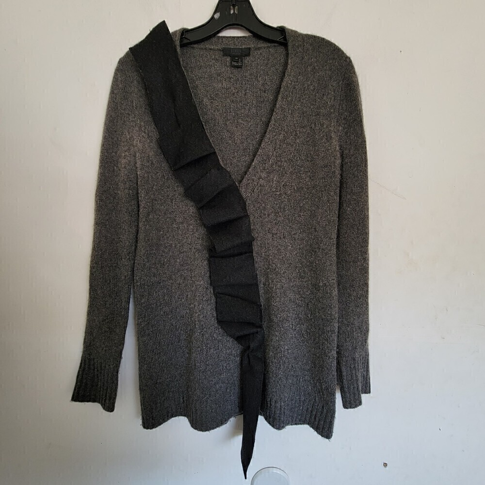 J. Crew 100% Cashmere Gray Black Ruffle V Neck Long Sleeve Pullover Sweater XS